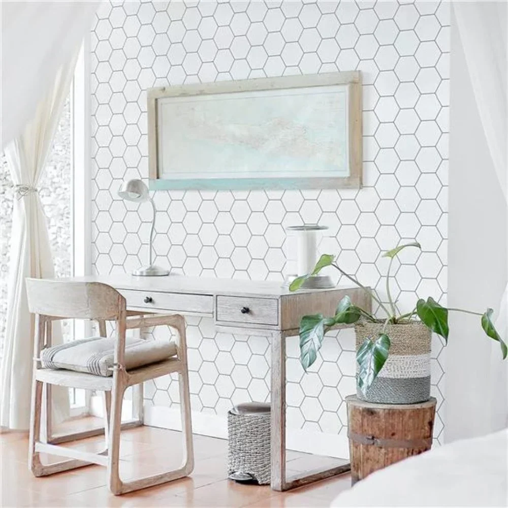 White Hexagon White Vinyl Wallpaper 59